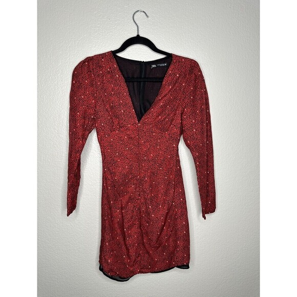 Zara Dresses & Skirts - Zara Dress Womens XS Mini V Neck Ruched Party Polka Dot Red Black Long Sleeve